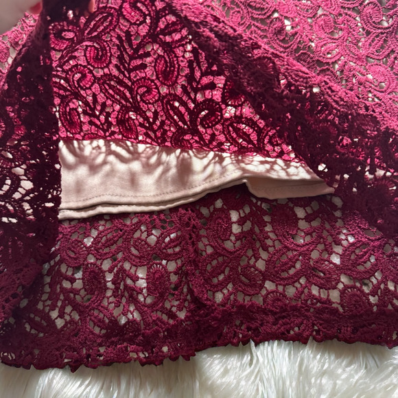 Moon River Strapless Ruffle Lace Dress in Burgundy Wine / Nude - Picture 7 of 8